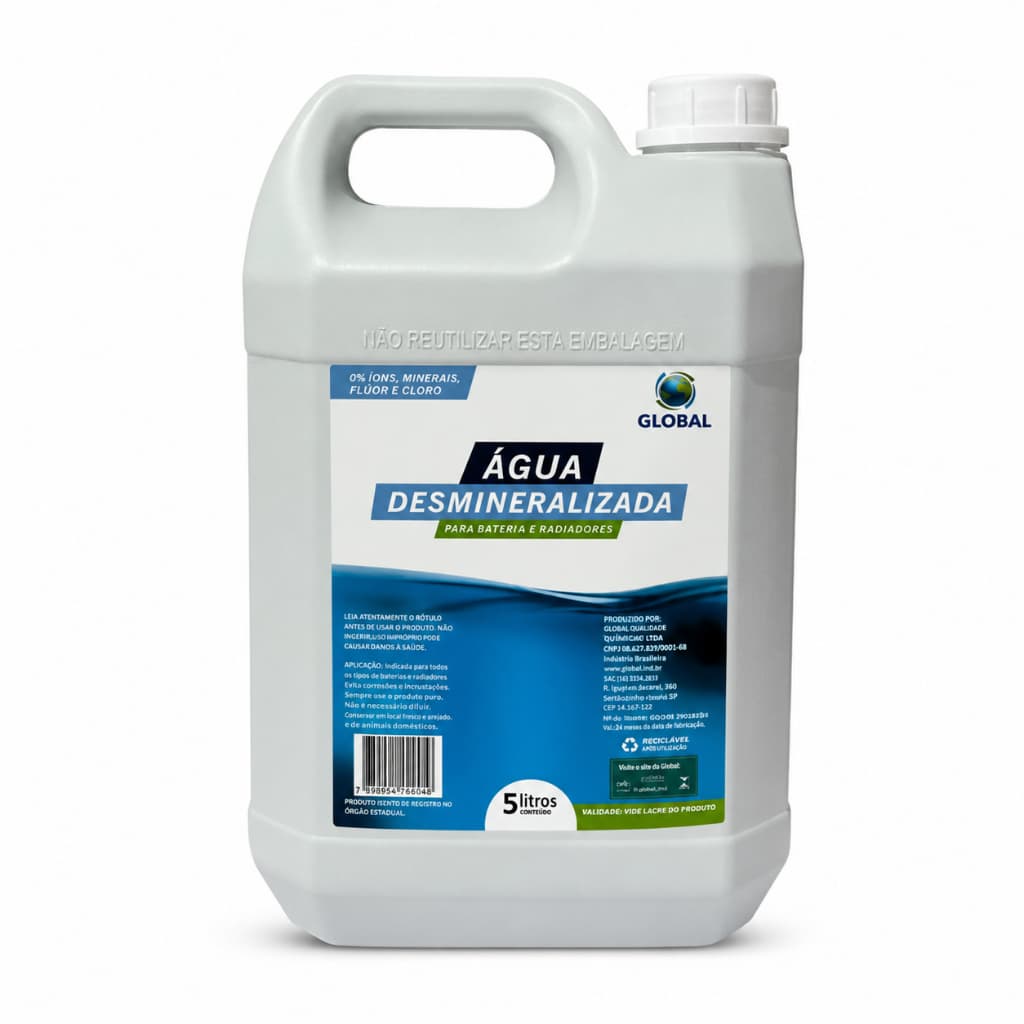 Água Desmineralizada 5 Litros Fluido Arrefecimento para Motor Radiador Global Branco