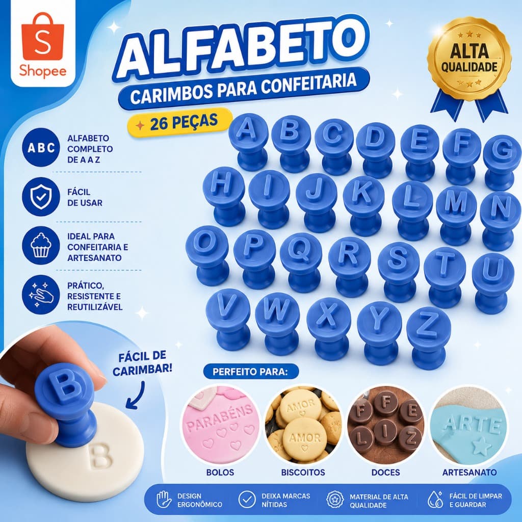 Carimbo Marcador Letras Alfabeto para Brigadeiro, Doce, Docinhos, Confeitaria - Letras Individuais