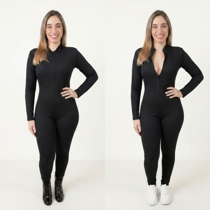 Macacão Feminino Longo Academia Fitness Zíper Frontal Manga Longa Sem Transparência Modelador Suplex Yoga Festa Gringa