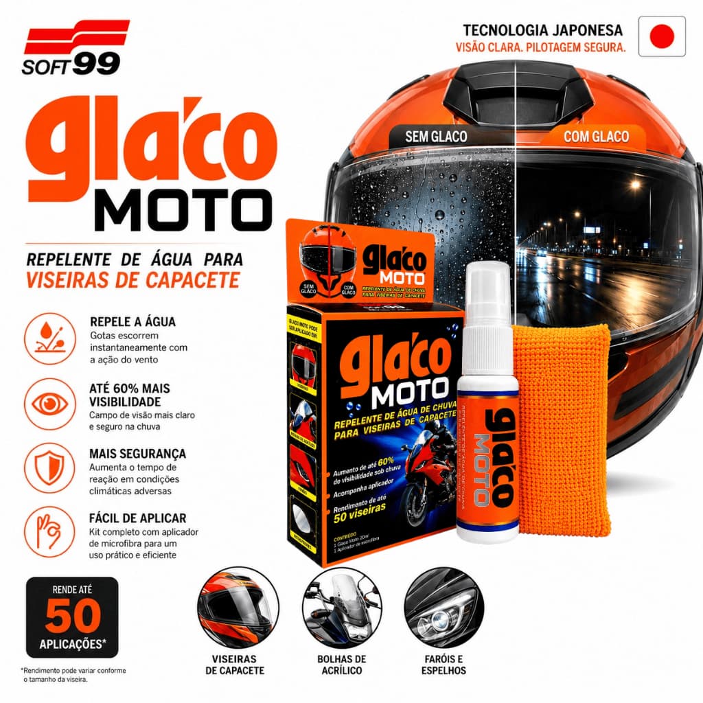 Glaco Moto 20ml Soft99 Repelente De Agua Para Viseira Retrovisor E Farol De Moto Original