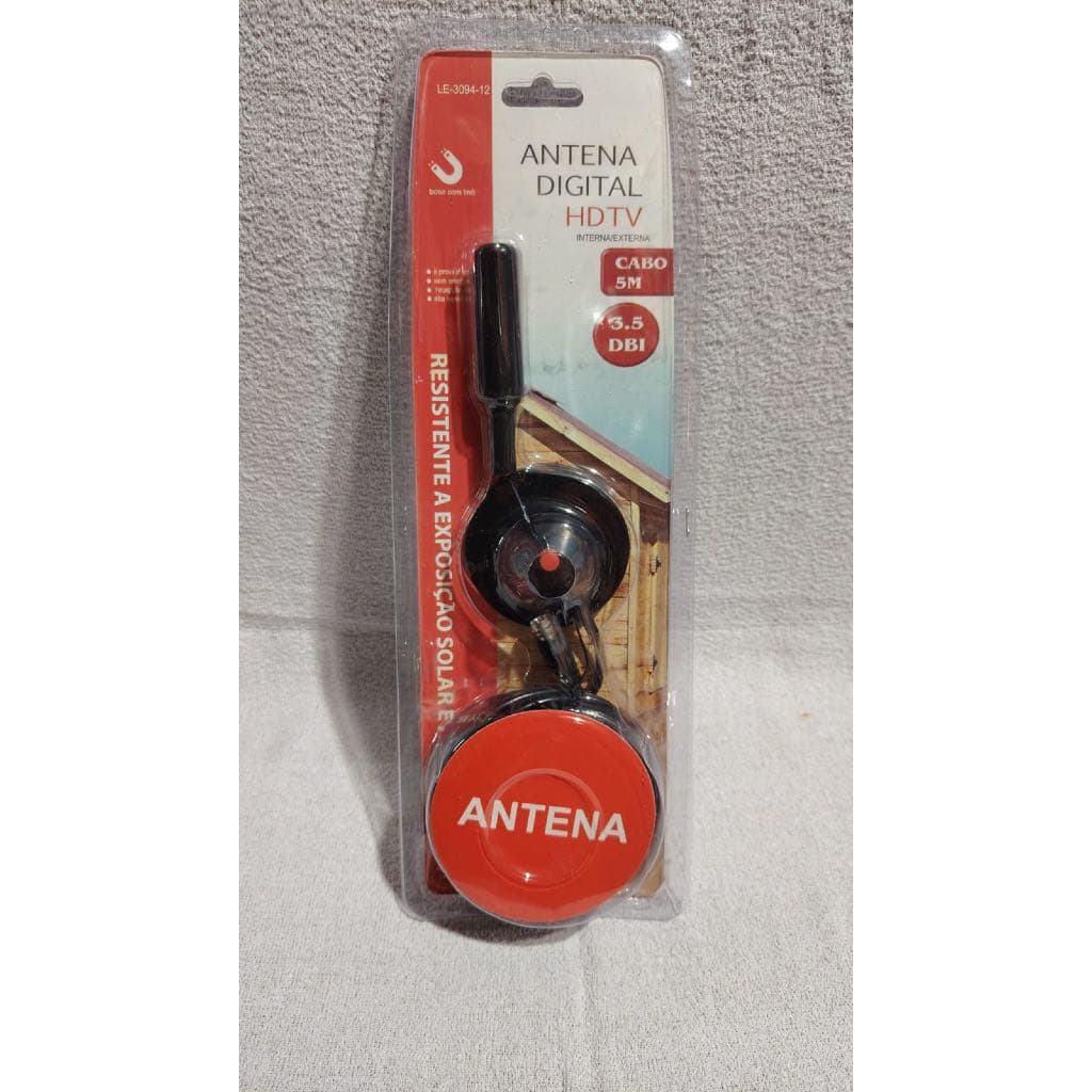 Antena Digital HDTV Interna e Externa 3.5dBi Cabo 5 Metros Base Magnética para TV Digital
