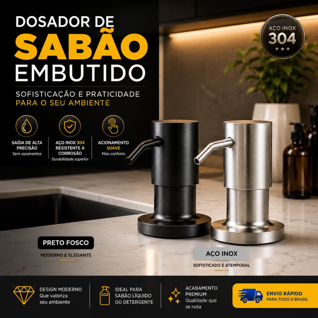 Dispenser Dosador De Sabão Embutido Aço Inox 304 Para Pia Cozinha Banheiro Dispenser Detergente 500ml