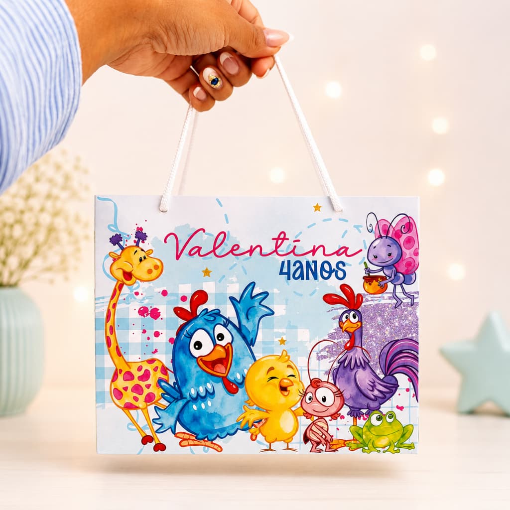 Sacolinha Personalizada Galinha Pintadinha com Nome | Lembrancinha Infantil para Festas  | PEGUE E MONTE