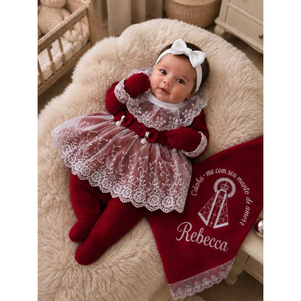 Kit Saida De Maternidade Completa Tricot Bebe Menina 6 Peças Vestido Calça Body Tiara Luvas Manta Bordado Nossa Senhora