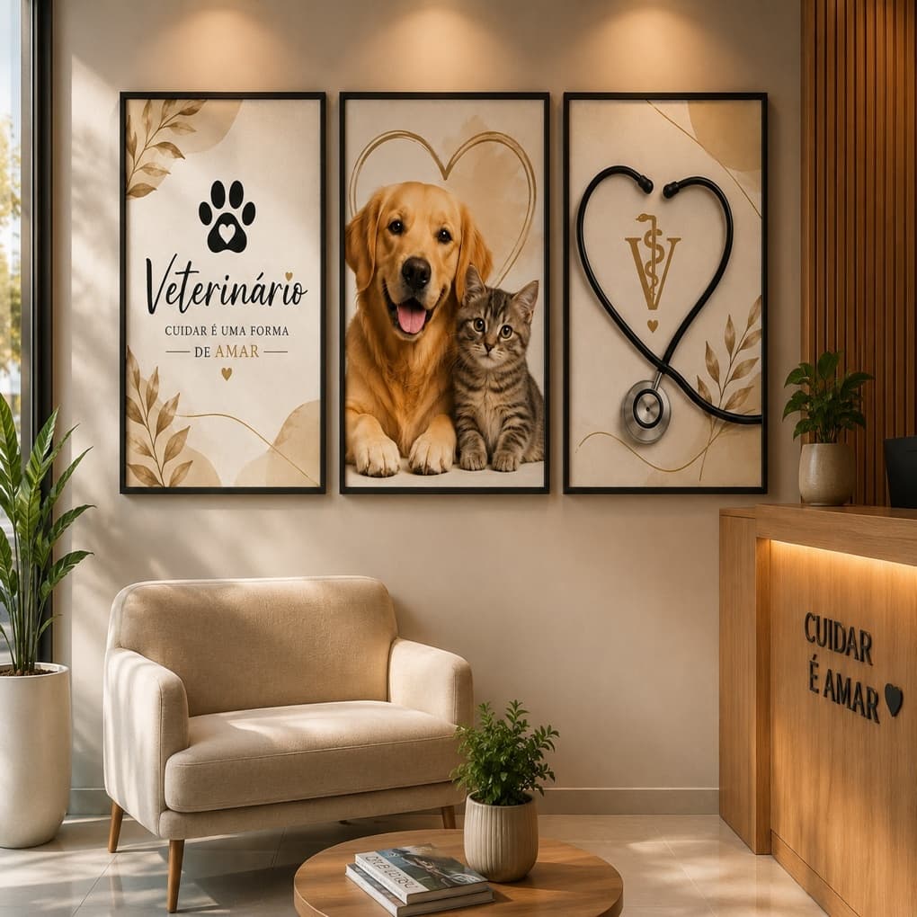 Quadro Decorativo Veterinário 3 Peças Cachorro Gato Clínica Veterinária Consultório Pet Moderno Luxo