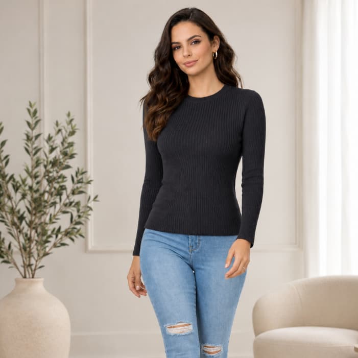 Blusa Canelada Feminina Manga Longa em TricôToque Macio Básica Lisa Casual