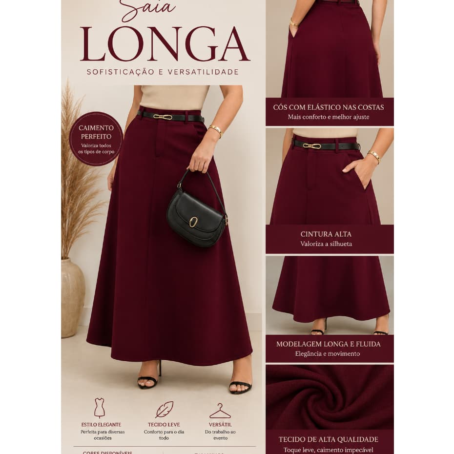 Saia Longa Feminina Alfaiataria com Cintura Alta e Modelagem Elegante P ao G1