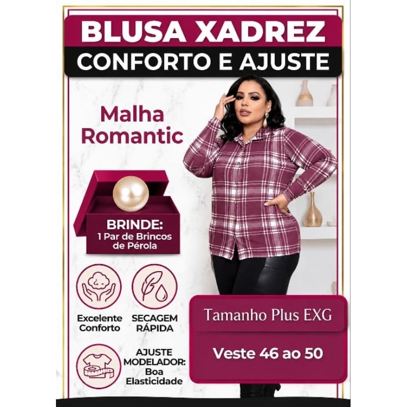 Blusa Xadrez Social Junino Tecido Malha Romantic Feminino Plus EXG