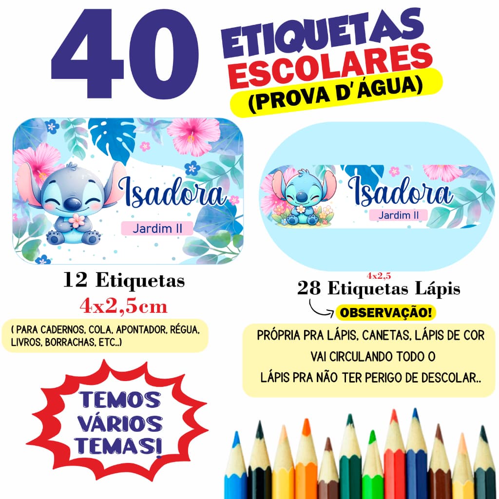 Kit 40 ou 80 Etiquetas Escolares Personalizadas para Lápis e Cadernos -ENVIO RÁPIDO / VÁRIOS TEMAS DISPONÍVEIS