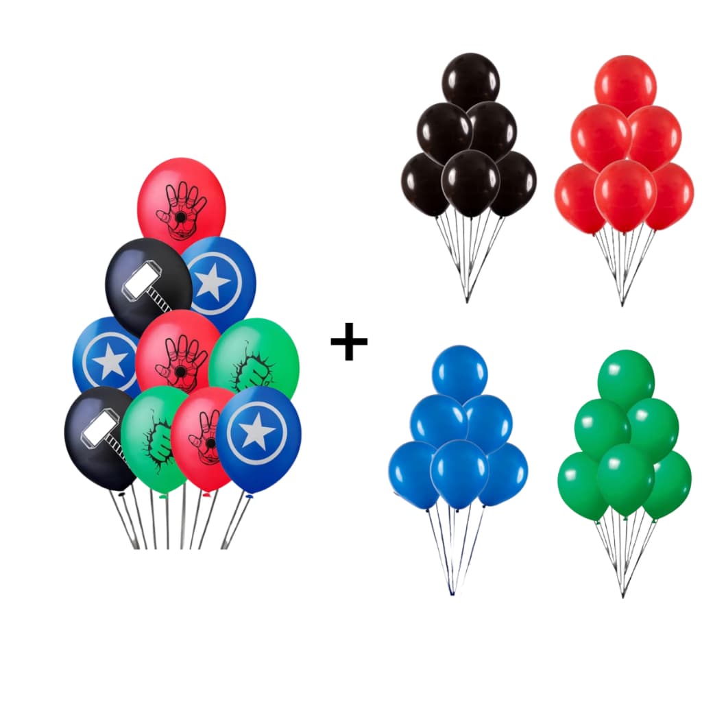 25 Balão Bexiga Vingadores + 10 Preto + 10 Verde + 10 Vermelho + 10 Azul Heróis Decoração Festa
