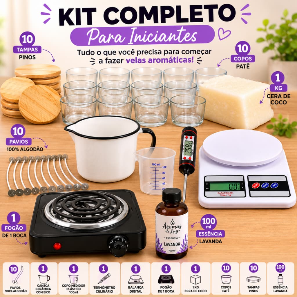 Kit Completo Para Iniciantes De Velas Cera De Coco Com Pote De Patê e Fogão