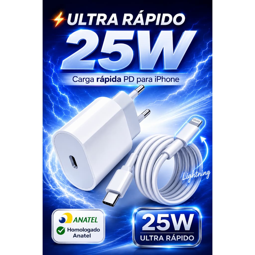 Carregador iPhone 25W Turbo USB-C PD Ultra Rápido + Cabo Lightning 11 12 13 14 Branco Bivolt Anatel
