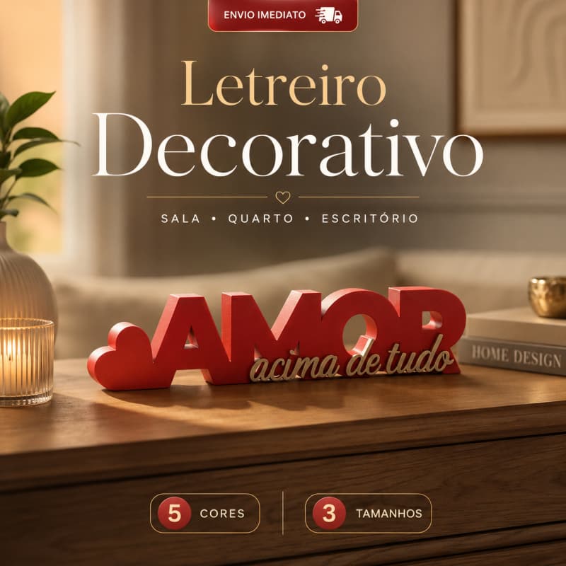 Letreiro Decorativo “Amor Acima de Tudo” Placa Decorativa para Sala Quarto e Escritório