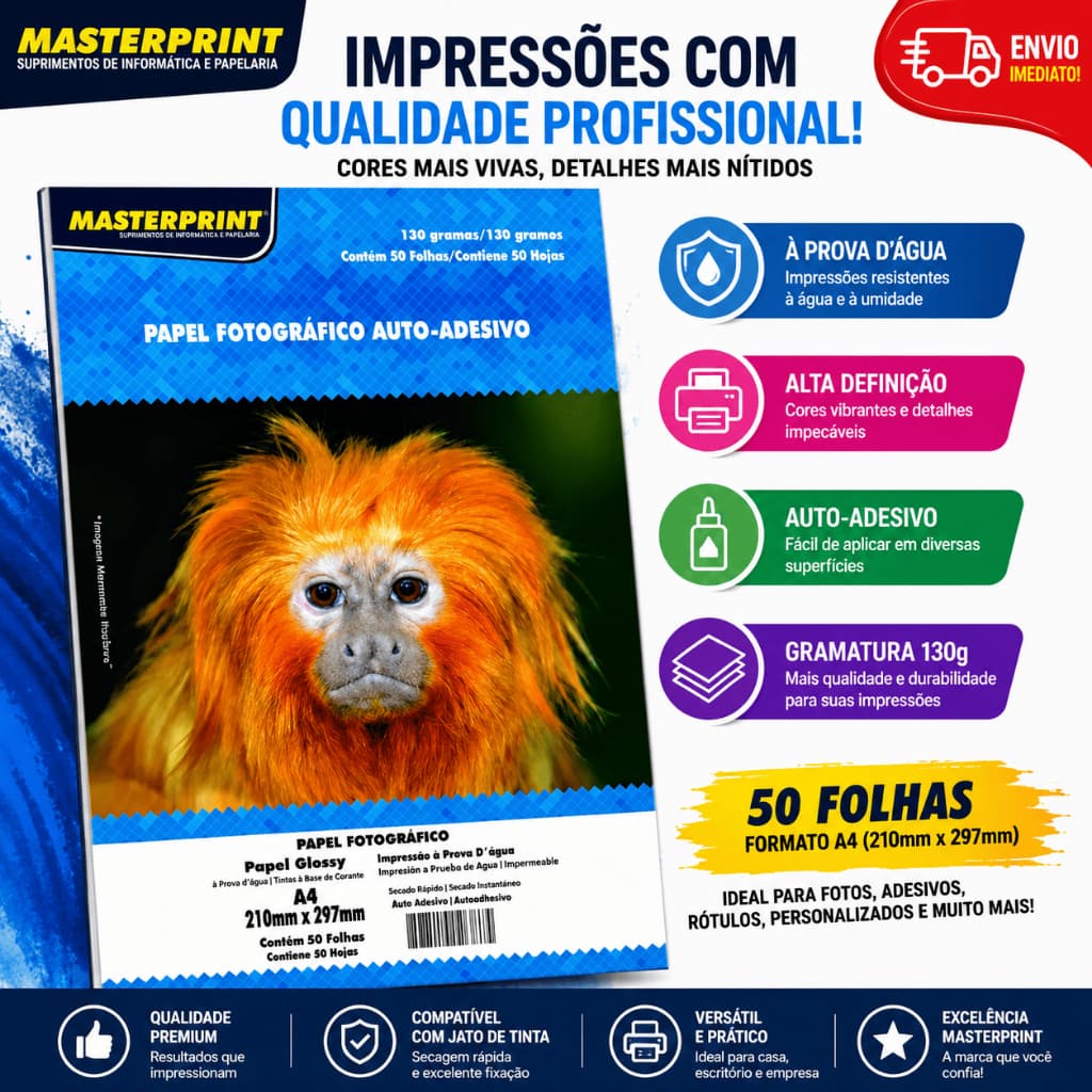 Papel Fotográfico Adesivo A4 Glossy 130g Masterprint 50 Folhas Resistente à Água