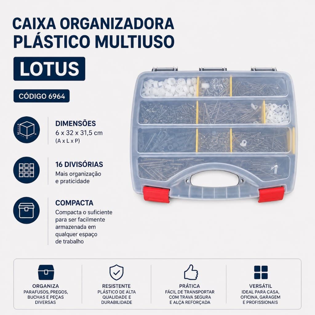 Caixa Organizadora Multiuso Lotus 16 Divisórias Maleta para Parafusos Ferramentas Ref 7012
