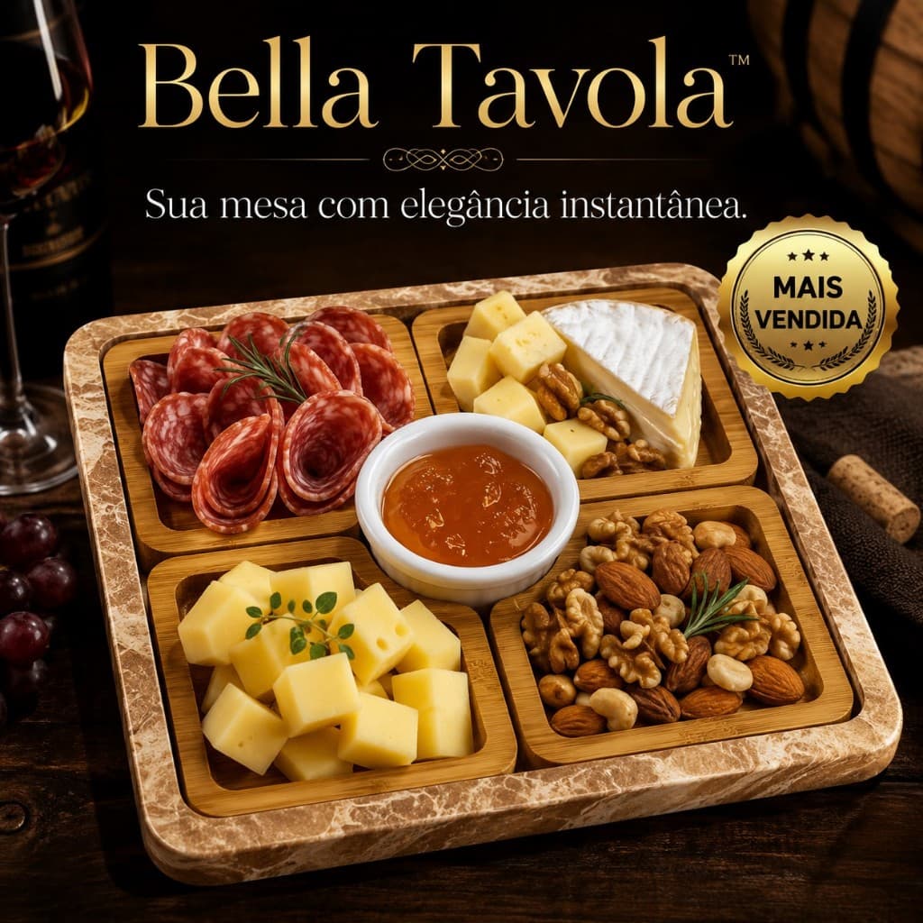 Petisqueira Premium de Madeira 4 Compartimentos para Aperitivos Queijos Frios Snacks Bella Tavola™
