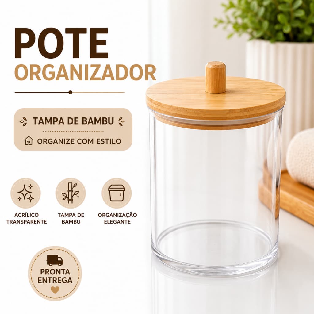 Porta Algodão e Cotonete Acrílico com Tampa de Bambu Organizador para Banheiro