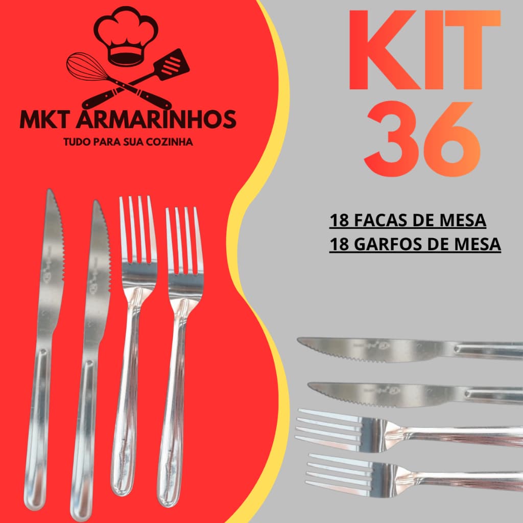 36 Talheres De Mesa 18 Facas + 18 Garfos Aço Inoxidável Resistente Restaurante Cozinha Churrasco Mesa Utensílios