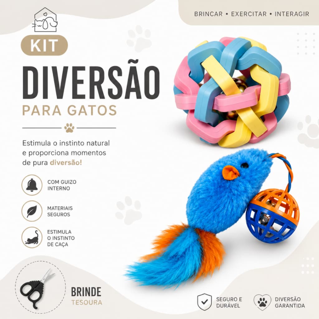 Kit Bolinhas com Sino e Pelúcia para Gatos e Cachorros e Tesoura de Brinde