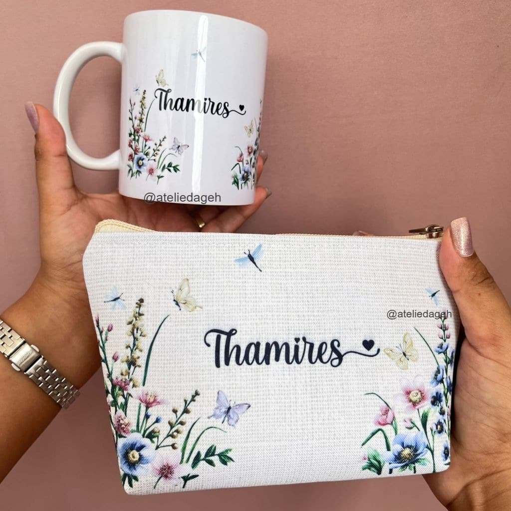 Caneca de Porcelana e Necessaire Personalizada com Nome/para presentear/madrinha/padrinho, aniversário, lembrancinha