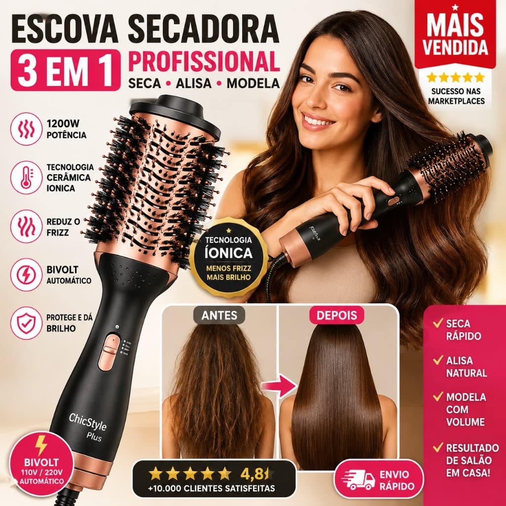 Escova Secadora Profissional 1300W Tecnologia Iônica Anti Frizz