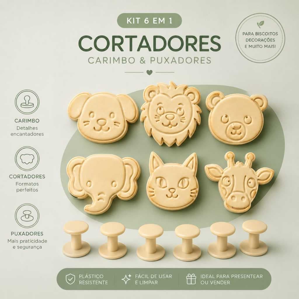 Kit com 6 cortadores de biscoito animais safari - Molde + Carimbo + Puxador
