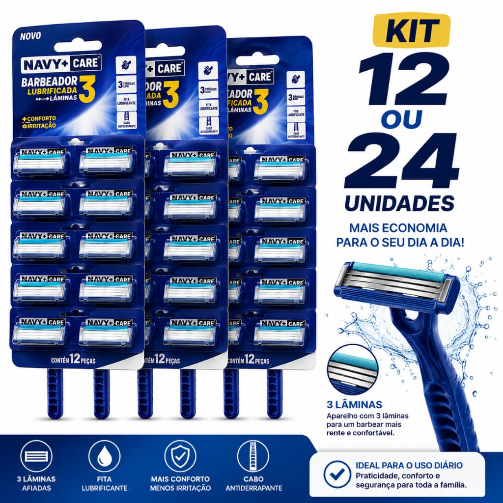 Barbeador Descartável 3 Lâminas Com Tampa Protetora Fita Lubrificante Kit 12 ou 24 Unidades