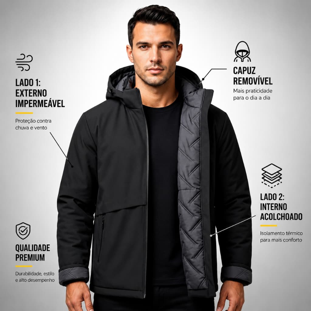 Jaqueta Masculina Dupla Face Nylon Acolchoada Gola Alta Capuz Removível 2 em 1