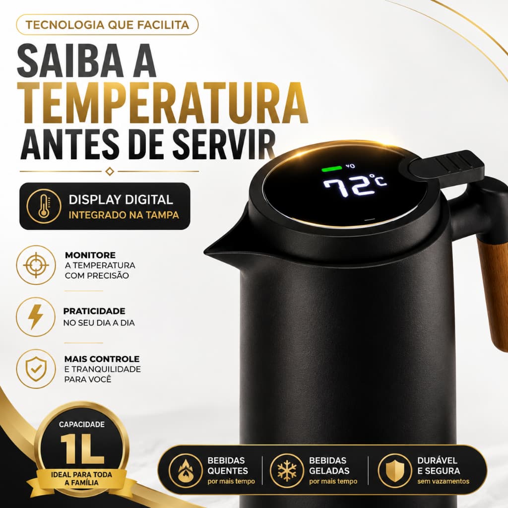 Garrafa Térmica 1L com Termômetro Digital Inteligente | Design Premium e Controle de Temperatura