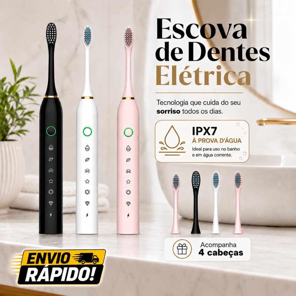 Escova de Dente Elétrica + 4 Cabeças Refil À Prova dÁgua 7 Modos Recarregável Usb Limpeza Bucal