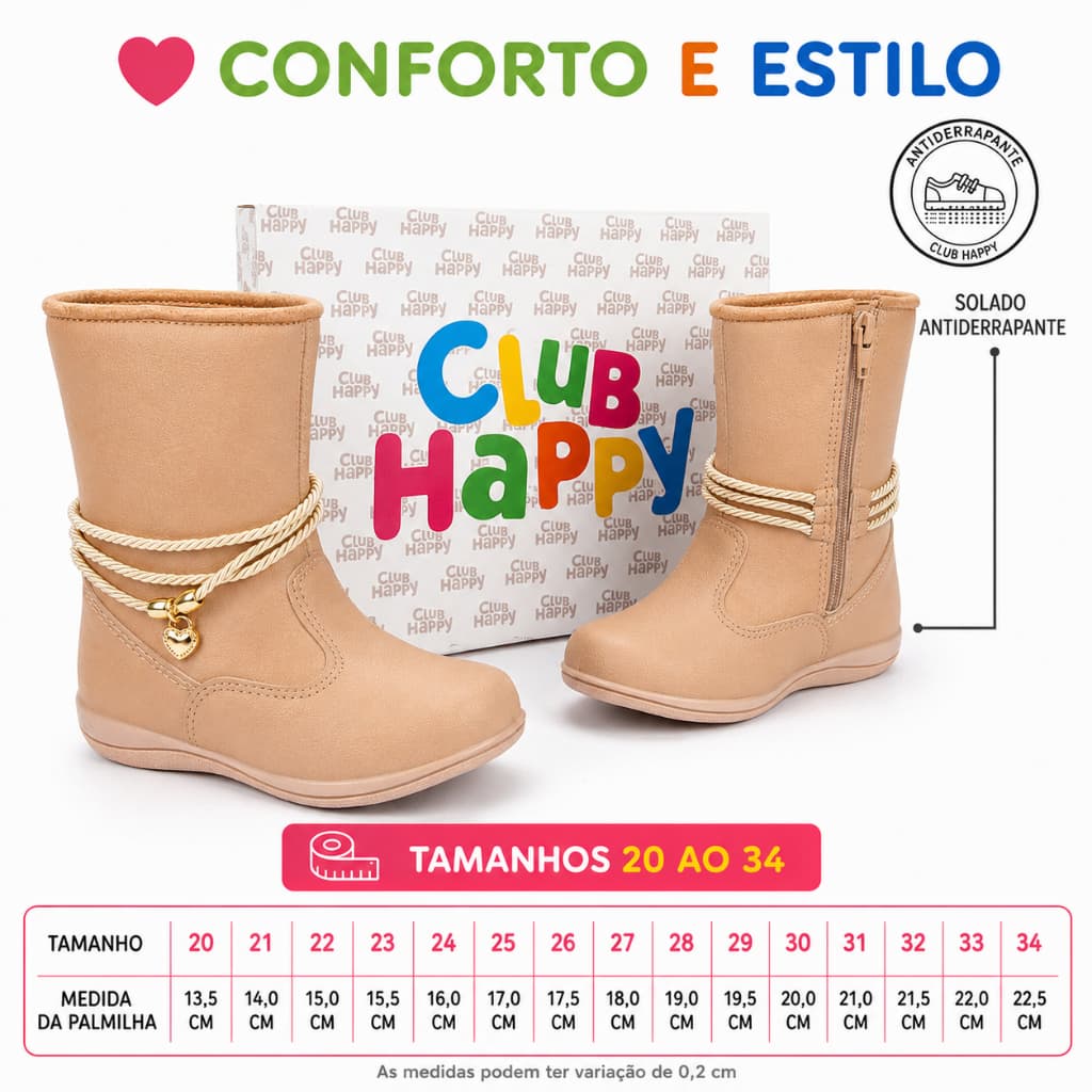 Botas infantis para meninas, Bota Infantil Feminina Boiadeira Com Zíper Lateral Club Happy