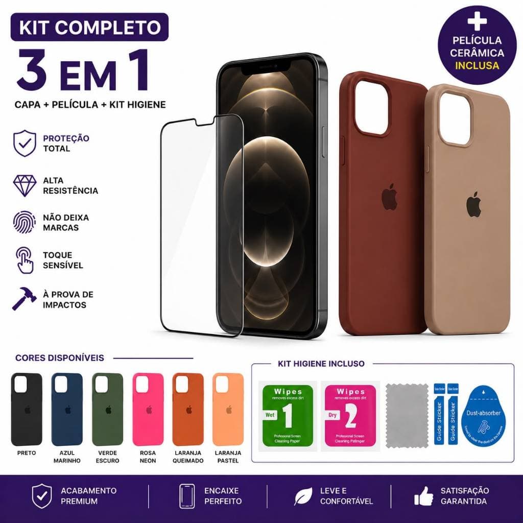iPhone 17 Pro Max | Kit Capinha Premium + Película Cerâmica 9D