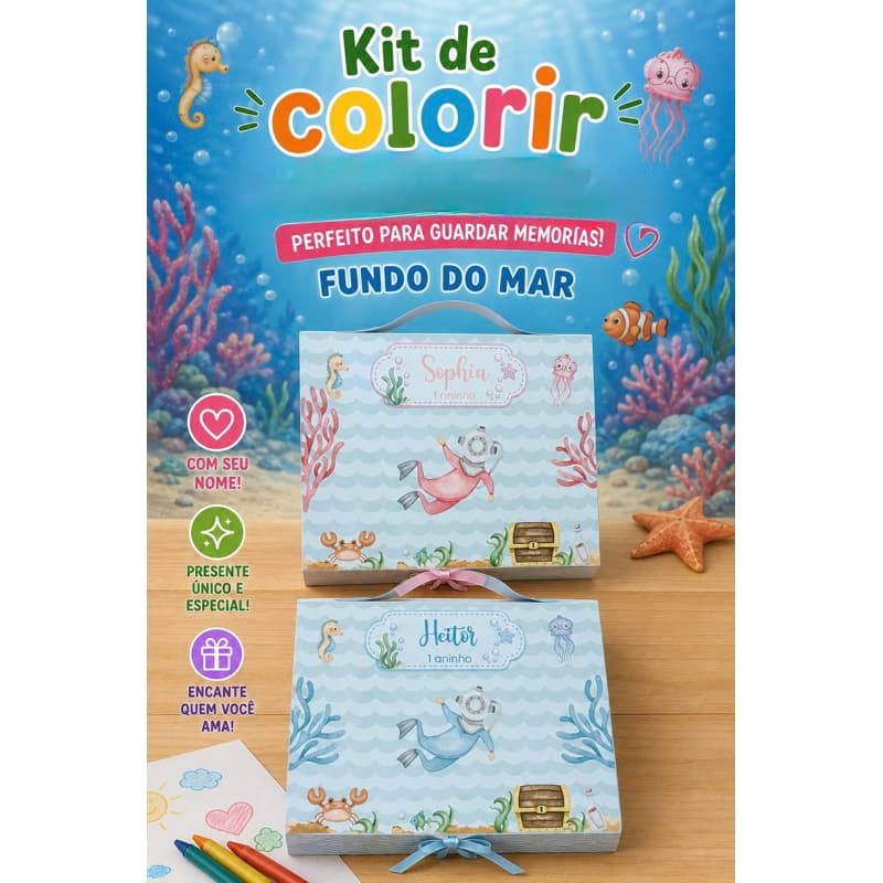 Kit de Colorir na Maletinha Fundo do Mar – Lembrancinha para Festa Infantil Menino, Menina
