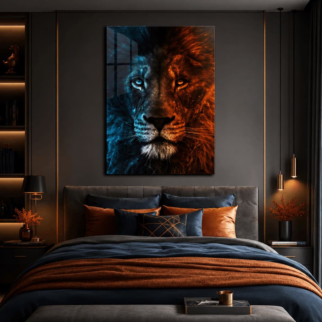 Quadro Decorativo Leão Azul e Laranja Premium MDF Sala Quarto Moderno