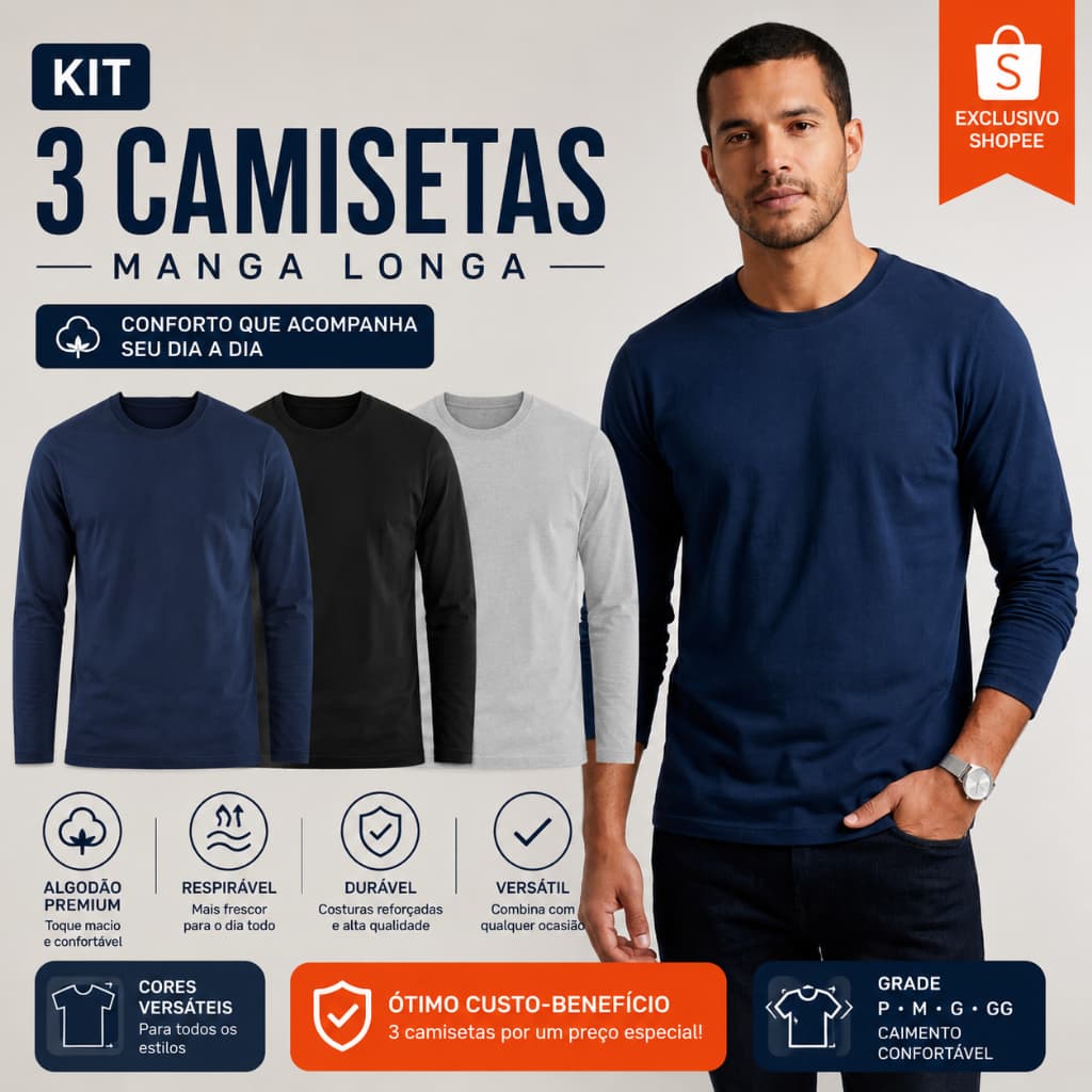Kit 3 Camiseta Masculina Manga Longa Lisa Gola Redonda 100% Algodão Básica Casual Não Transparente