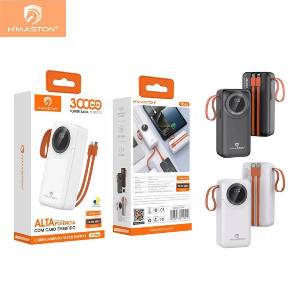 Power Bank Carregador Portátil 20000mAh 22,5W Turbo Rápido com Indicador LED Inteligente H'maston YD65/YD66