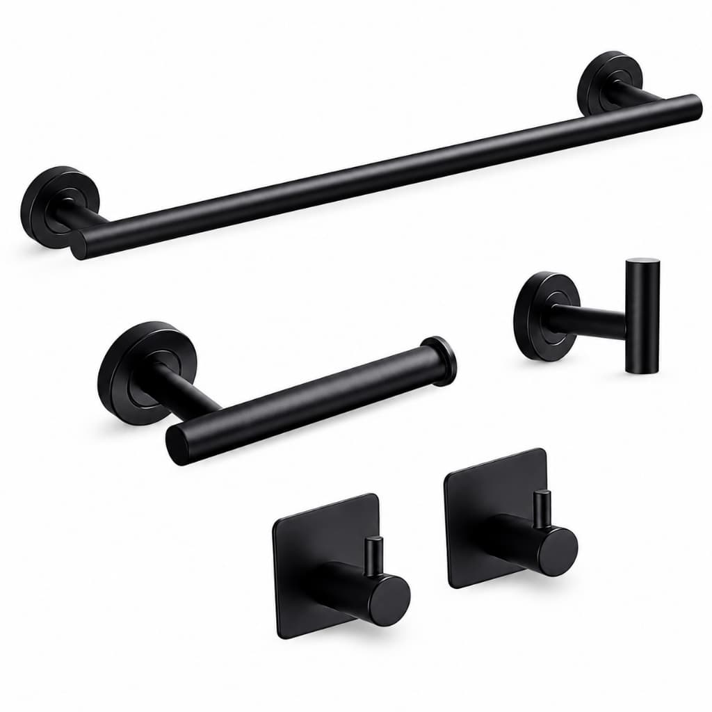 Kit Banheiro 5 Peças Preto Fosco Aço Inox Porta Toalha Papel Higiênico Gancho