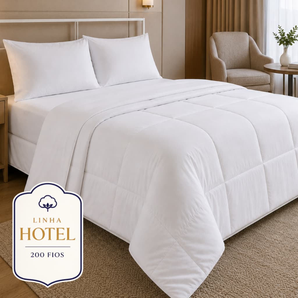 Jogo de Cama Completo com Edredom e Lençol de Cima Hotel 200 Fios Branco Casal Queen King Solteiro