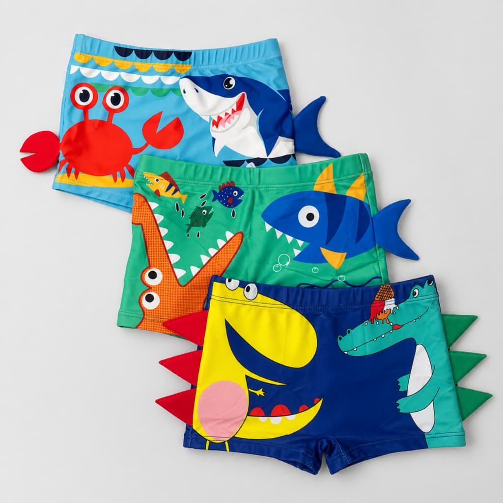 Kit 3 Sungas Infantis Boxer Shortinho Masculina Estampas de Fundo do Mar Divertidas Com Proteção UV