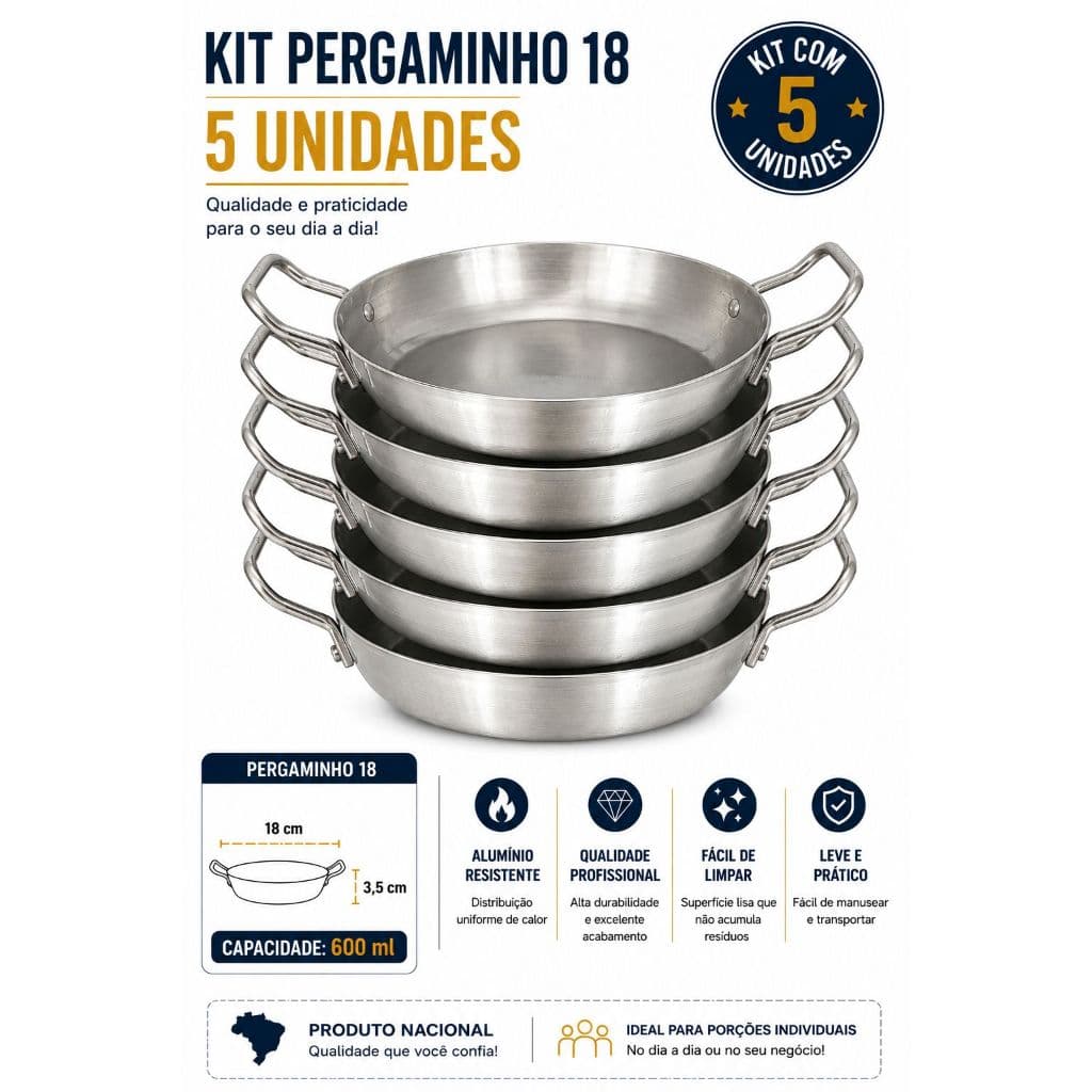 kit 5 Frigideira Pergaminho 18 em aluminio