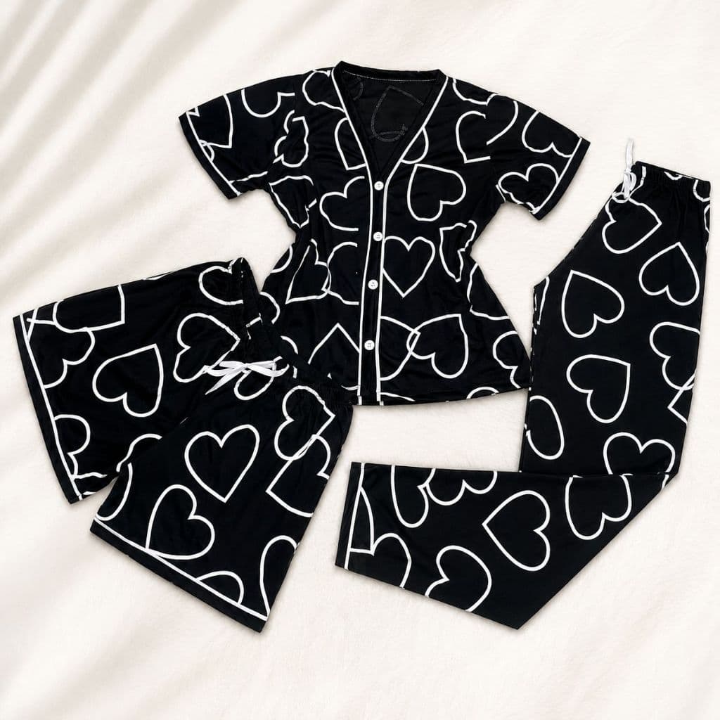 Kit Pijama Feminino 3 Peças Americano  Camisa Botões + Calça + Short Conforto Malha Amamentação