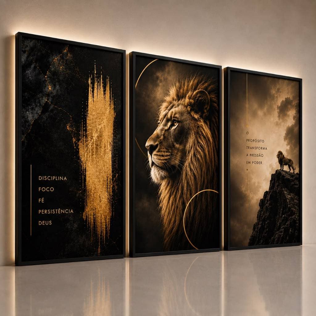 Quadro Decorativo Leão Rei 3 Peças Disciplina Foco Fé Persistência Deus Motivacional Sala Escritório Luxo