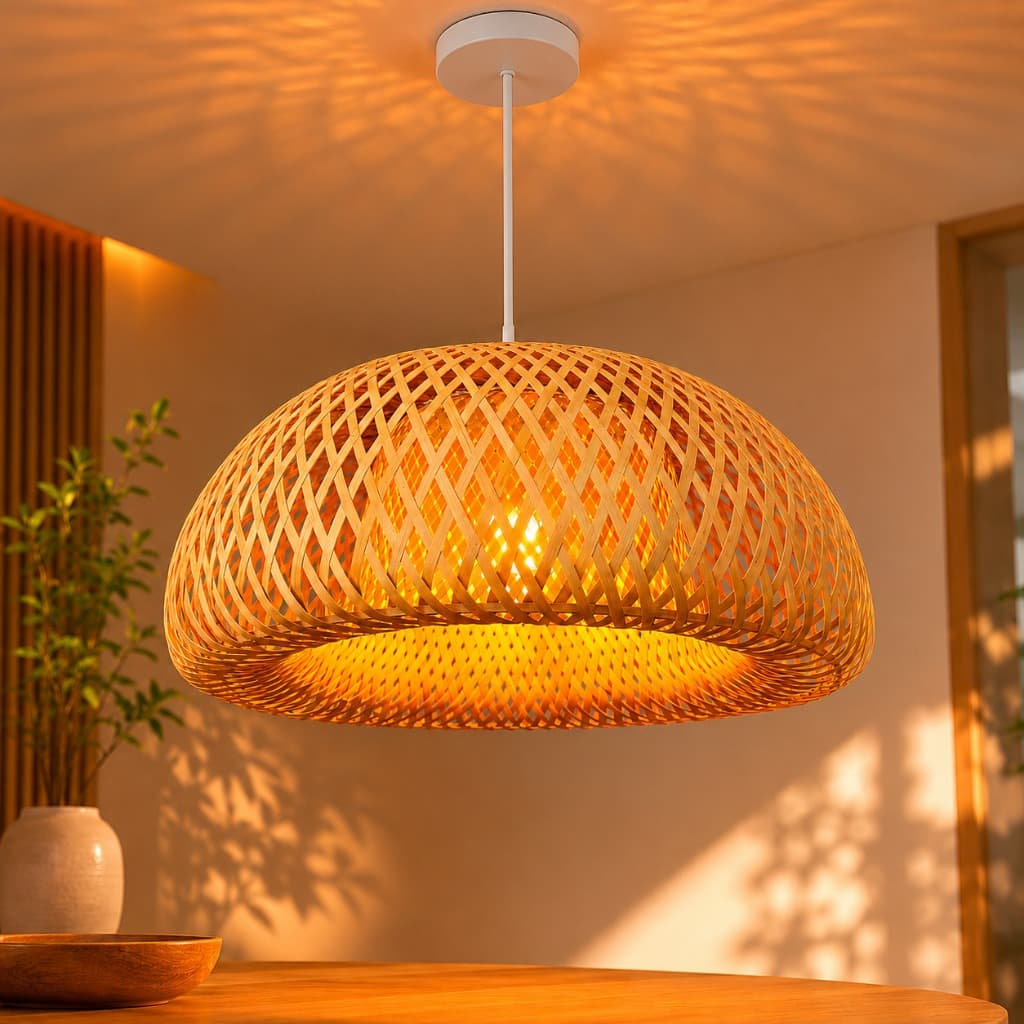 Luminária de Teto Lustre Pendente Bambu Malibu Rústico 43cm Fio Branco Sala Cozinha Palha Natural