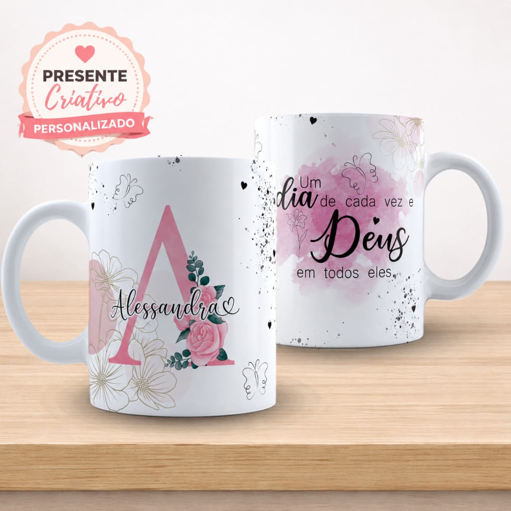 Caneca Personalizada com Nome e Letra Inicial Floral 325ml Presente para Mulher