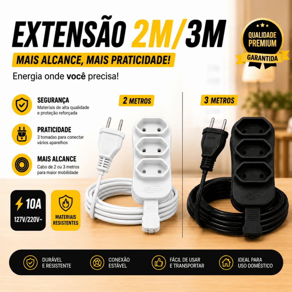 Extensão Elétrica 3 Tomadas 10A Bivolt 110/220V 2m 3m Resistente Alta Qualidade