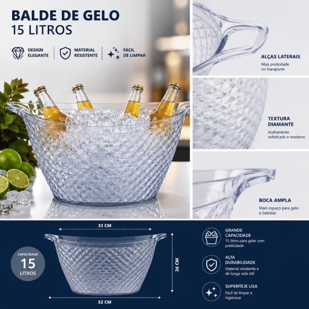 Champanheiras Diamond Acrílico Balde p/ Gelo Bebidas Festa Evento c/ Alça 15L Resistente Promoção!!!