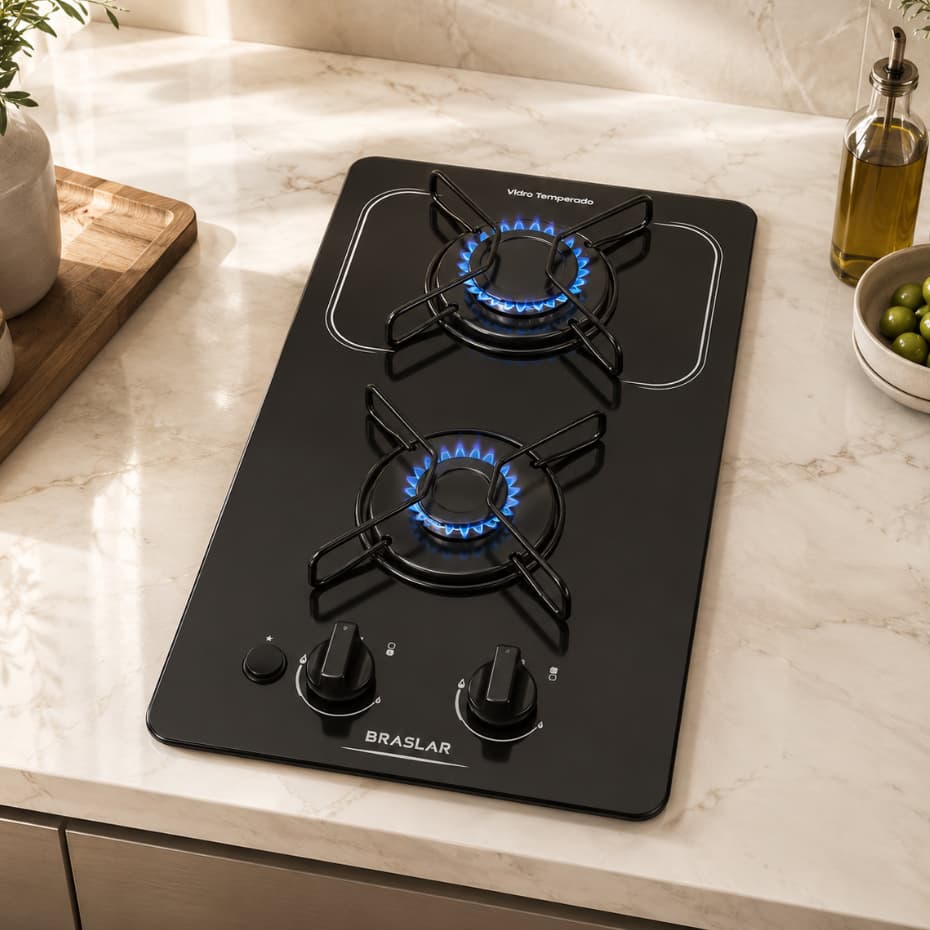 Cooktop Braslar Pop 2 Bocas Preto - Mesa de Vidro 6mm com Acendimento Automático - Bivolt