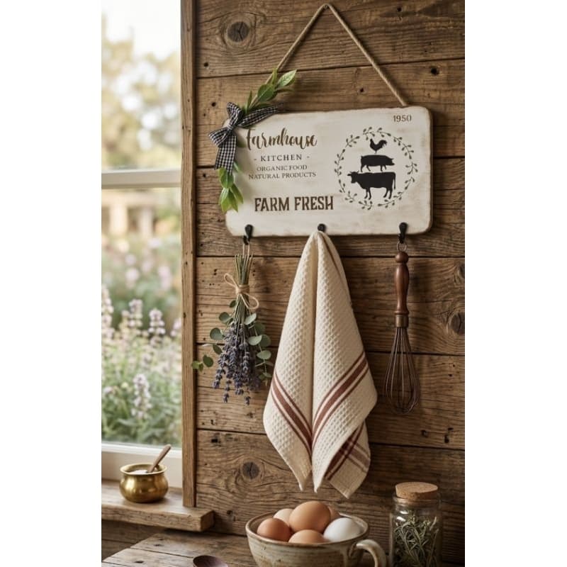 Plaquinha Decorativa Farmhouse Kitchen – Charme Rústico com Ganchos