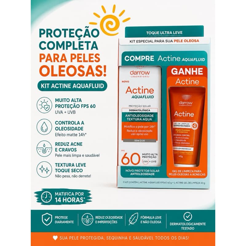Kit Actine Aquafluid FPS 60 Protetor Solar 40g + Gel de Limpeza Actine 40g Grátis Darrow