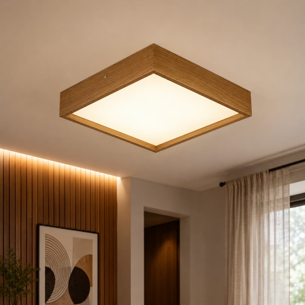 Plafon Quadrado 50cm Luminária Sobrepor Madeira Moderna 4 Soquete E27 Sala Quarto Cozinha Corredor